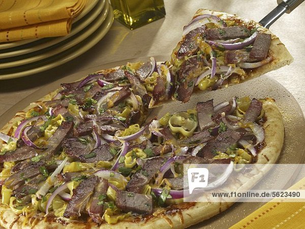 Beef Brisket Pizza with Red Onion and Pepperoncinis