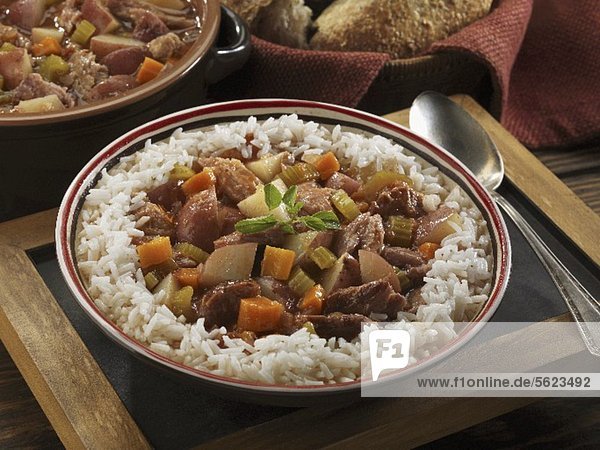 Pork and vegetable ragout on a bed of rice
