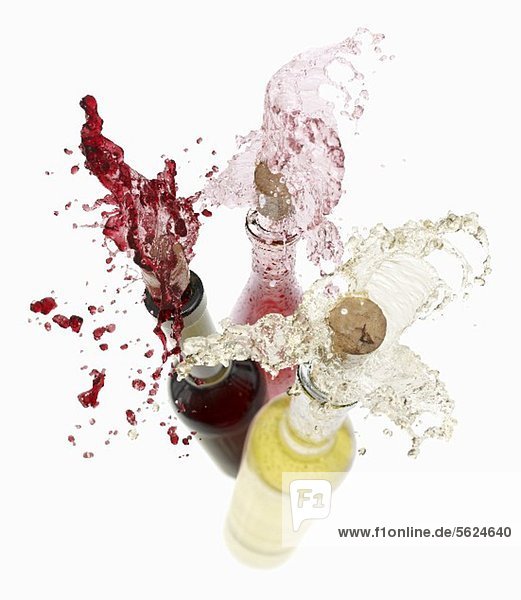 Wein spritzt aus den Flaschen (Rotwein  Rosewein  Weisswein)