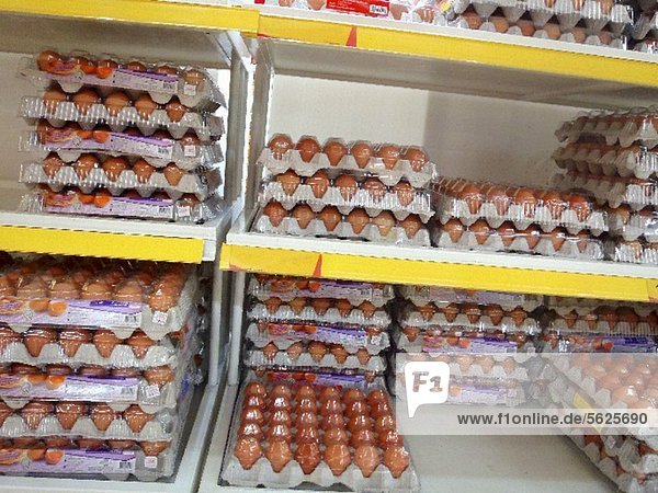 Eierpaletten in Verkaufsregal im Supermarkt