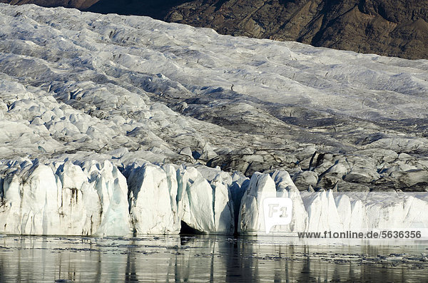 Vom Asche schwarz gefärbte Gletscherzunge  Gletscherlagune Jökuls·rlÛn  Vatnajökull Gletscher  Austurland  Ost-Island  Island  Europa
