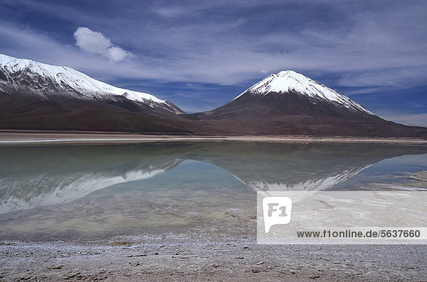 Licancabur Volcano reflected in the Laguna Verde  near Uyuni  Altiplano  Andean Triangle  Bolivia - Argentina - Chile  South America