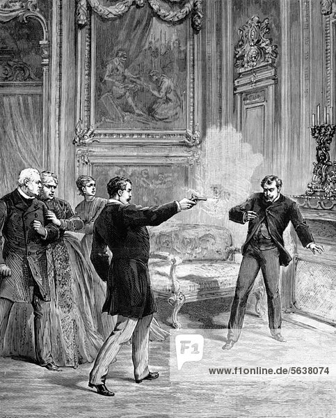 Fatal shot with a pistol  historical woodcut  circa 1888
