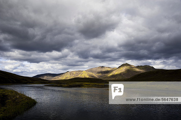 River and moss-covered mountains  landscape near Eldgj·  Highland  Iceland  Europe