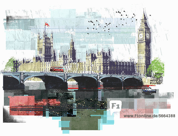 Bus überquert die Westminster Bridge am Houses of Parliament und Big Ben in London