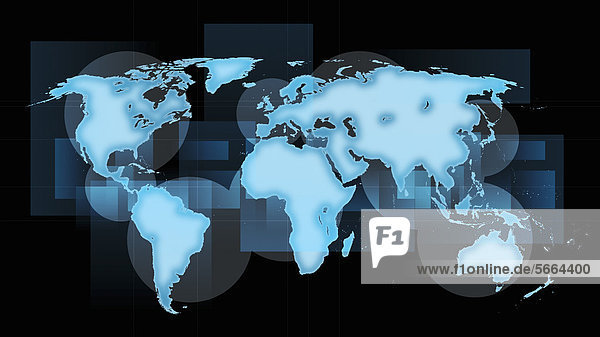 Weltkarte mit blauen Kontinenten auf schwarzem Hintergrund