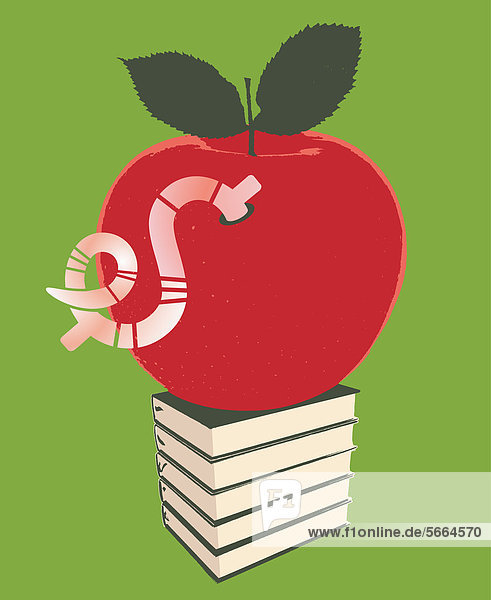 Wurm in Form des Dollars kriecht durch ein Loch im Apfel auf Bücherstapel