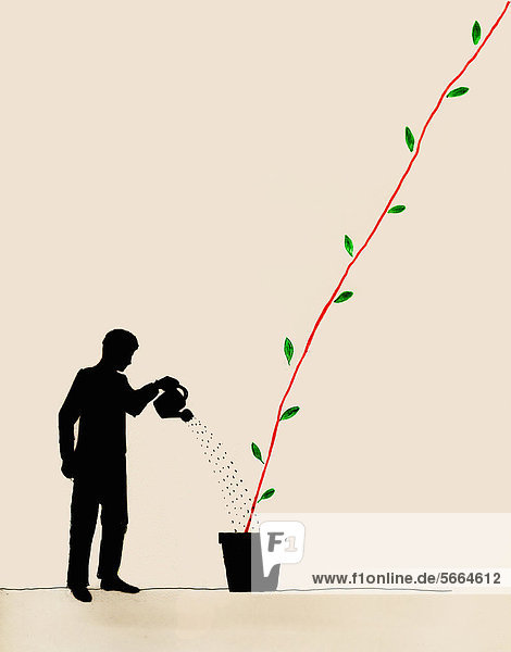 Geschäftsmann gießt eine Pflanze in Form eines Liniendiagramms