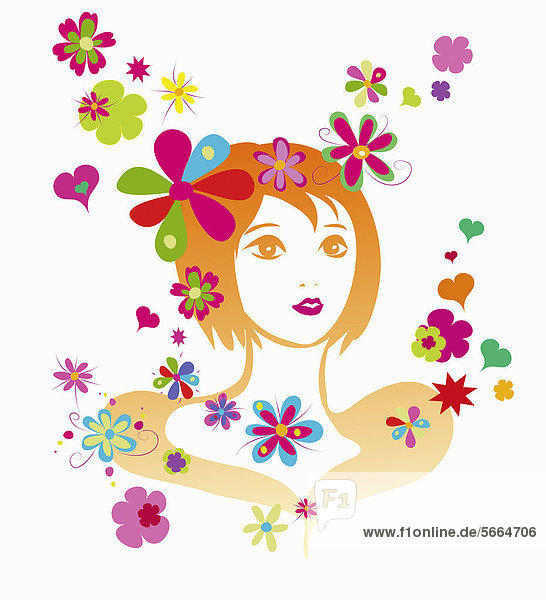 Blumen und Herzen umgeben das Gesicht einer Frau