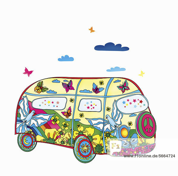 Nature scene and peace sign painted on hippy van
