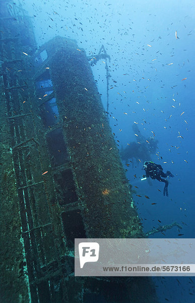 Scuba diver exploring bridge  wreck of the Zenobia  Cyprus  Asia  Europe  Mediterranean Sea