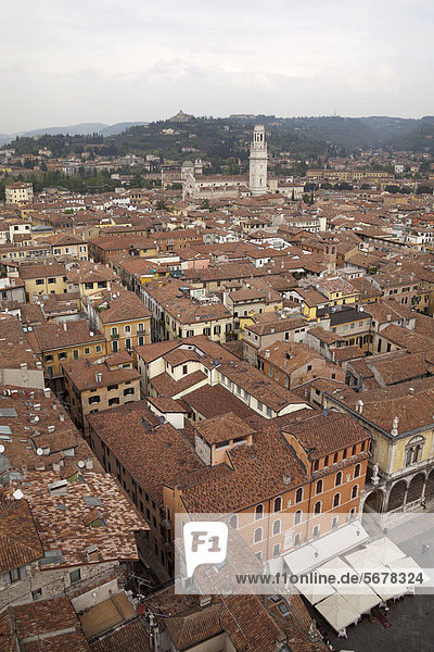 View from the Torre dei Lamberti  Lamberti Tower  across town with the Cathedral  Verona  Veneto  Italy  Europe