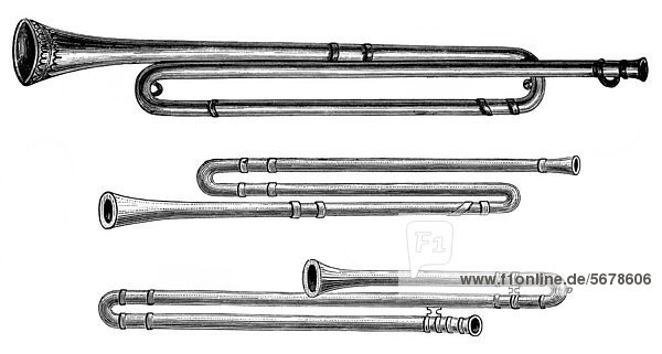 Historische Zeichnung aus dem 19. Jahrhundert  Feldtrompete  Türmer-Horn und Posaune  16. Jahrhundert