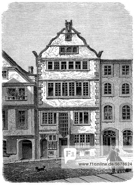 Historic drawing from the 19th century  Beethoven's house in Bonn  Germany