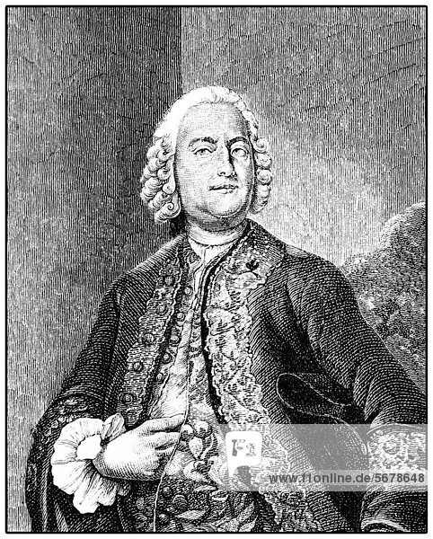 Historic drawing from the 19th century  portrait of Carl Heinrich Graun  1704 - 1759  a German composer