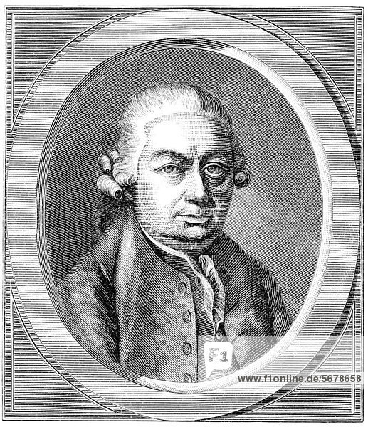 Historische Zeichnung aus dem 19. Jahrhundert  Portrait von Carl Philipp Emanuel Bach  1714 - 1788  ein deutscher Komponist  der berühmteste der so genannten Bachsöhne