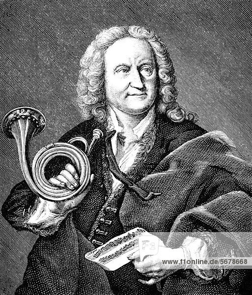 Historic drawing from the 19th century  portrait of Gottfried Reiche  1667 - 1734  a trumpet virtuoso of the Baroque and composer of brass music