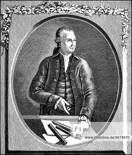 Historische Zeichnung aus dem 19. Jahrhundert  Portrait von Johann George Tromlitz  1725 - 1805  ein deutscher Flötist  Flötenbauer und Komponist