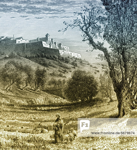 Stadtansicht von Bethlehem  Westjordanland  Palästinensisches Autonomiegebiet  historischer Stich aus dem 19. Jahrhundert