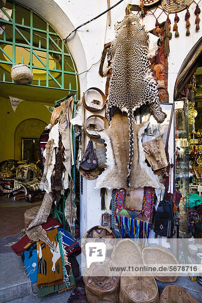 Shop in the Medina  leopard skin  old town of Tripoli  Libya  North Africa  Africa