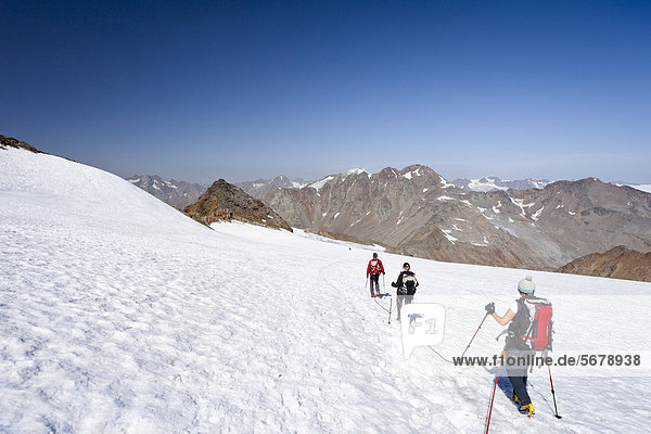 Hikers descending from Similaun Mountain on the Niederjochferner Glacier in Senales Valley  looking towards Finailspitz Mountain and Weisskugel Mountain  Alto Adige  Italy  Europe