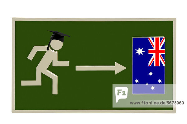 Fluchtschild  Piktogramm  Person mit Doktorhut flieht Richtung Tür mit australischer Flagge  Symbolbild Akademikerflucht nach Australien