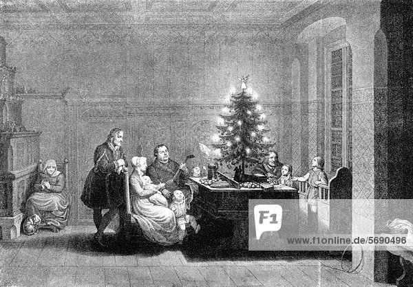 Historical drawing from the 19th Century  Martin Luther with his family for Christmas  1536