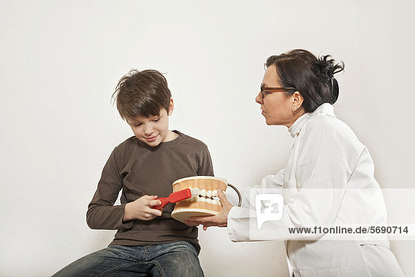 Junge bei Zahnärztin  Anleitung für Zahnpflege mit Zahnmodell