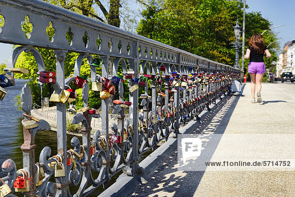 Love padlocks on Schwanenwikbruecke bridge  Hamburg  Germany  Europe