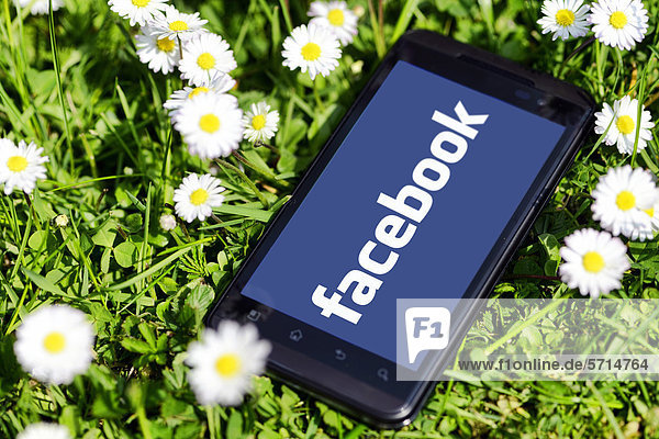Smartphone mit Facebook-Logo im Gras