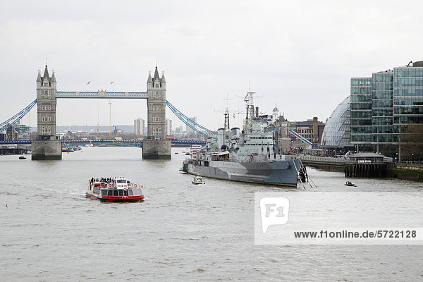 England  London  View of London bridge and navy ship