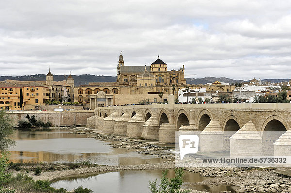 Puente Romano-Puente Viejo  Brücke über dem Rio Guadalquivir  hinten die Kathedrale von Cordoba  Cordoba  Andalusien  Spanien  Europa