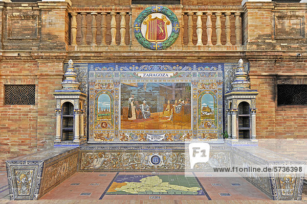 Zaragoza  colourful tiles with images from the Spanish regions  Plaza de EspaÒa  Sevilla  Andalusia  Spain  Europe