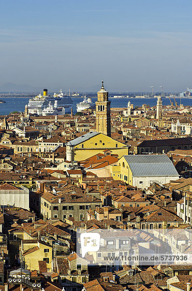 View across the rooftops of Venice to the port  Venice  Venezia  Veneto  Italy  Europe