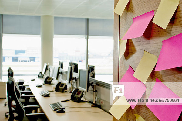 Sticky notes on wall in empty office