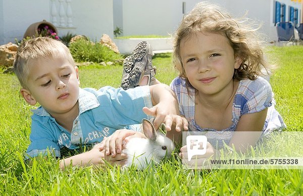 Junge und Mädchen spielen mit einem Hasen