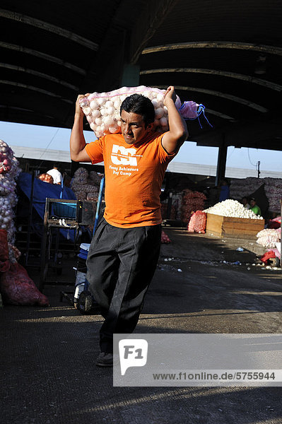 Mann schleppt Sack mit Zwiebeln CENMA Gemüsegroßmarkt im Süden von Guatemala Stadt Guatemala Mittelamerika