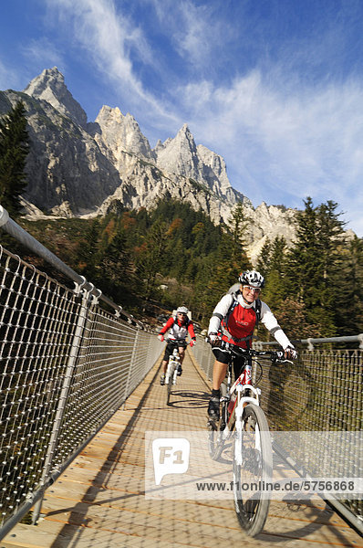 Mountain bikers cycling in the Klausbachtal valley  Ramsau region  Muehlsturzhoerner mountains at the back  district of Berchtesgadener Land  Upper Bavaria  Bavaria  Germany  Europe