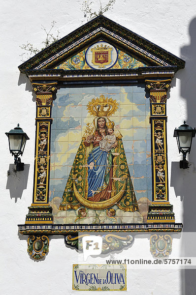 Virgen da la Oliva  image of Mary on a facade  Vejer de la Frontera  Cadiz province  Andalusia  Spain  Europe