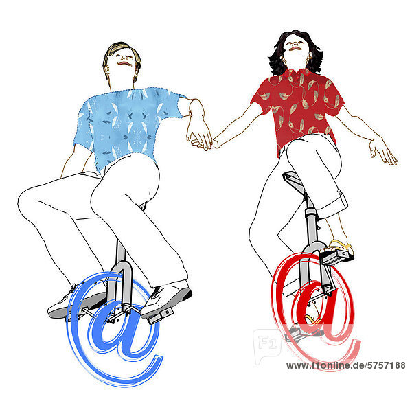 Mann und Frau auf Einrädern aus At-Symbolen  Symbolbild Internet-Freundschaft  Illustration