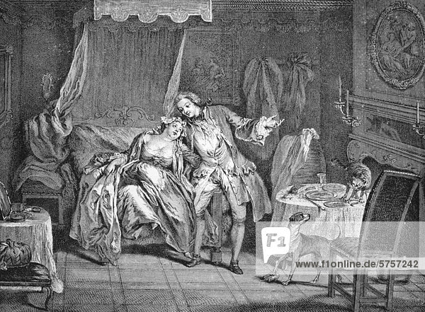He shall find her flea  gallant French engraving by P Surugue  1735