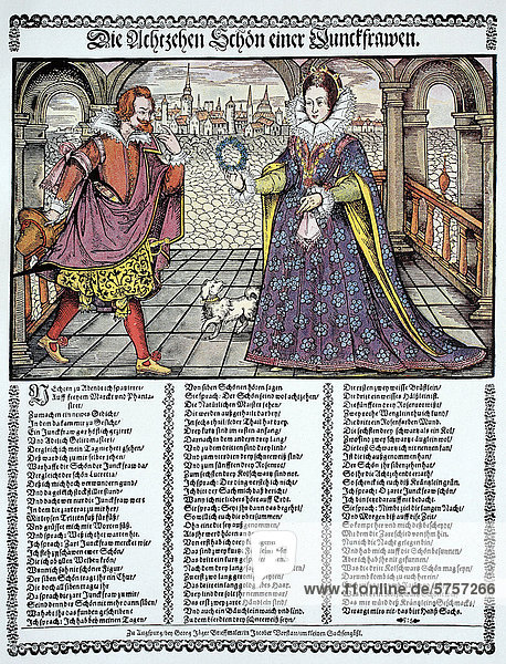 Die achtzehn Schönheiten einer Jungfrau  illustriertes Gedicht von Hans Sachs  Augsburger Flugblatt  16. Jahrhundert