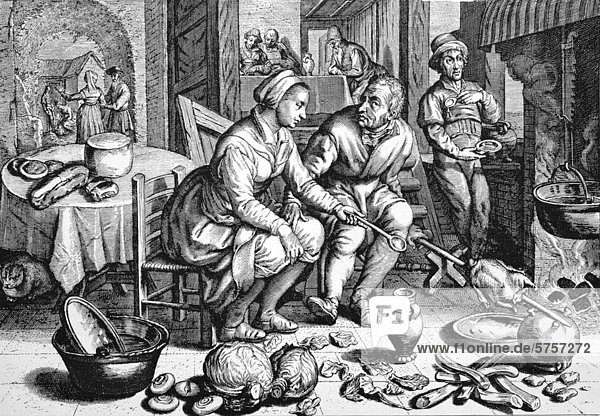 Das verliebte Paar  holländischer Kupferstich von J. Matham  um 1600