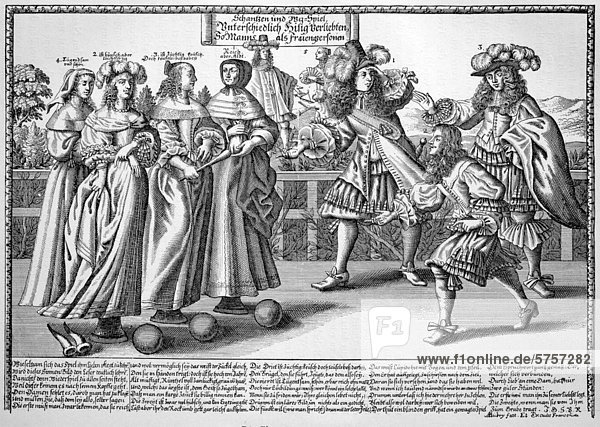 The marriage  a gamble  Frankfurt symbolic copper engraving by A. Aubry  17th century