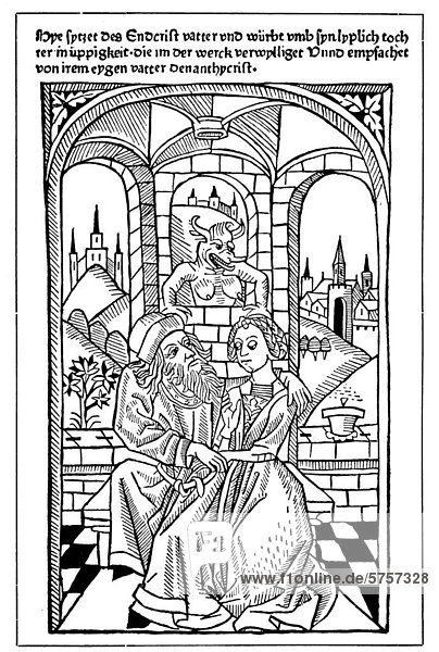 Antichrist flirting with his own daughter  illustration from the chapbook Der Entchrist  1475