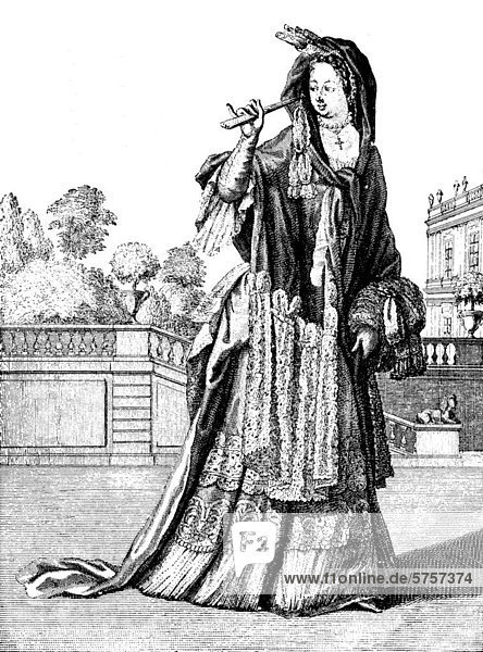 Vornehme Dame mit Schleppkleid und Fontange  Modekupfer  16. Jahrhundert