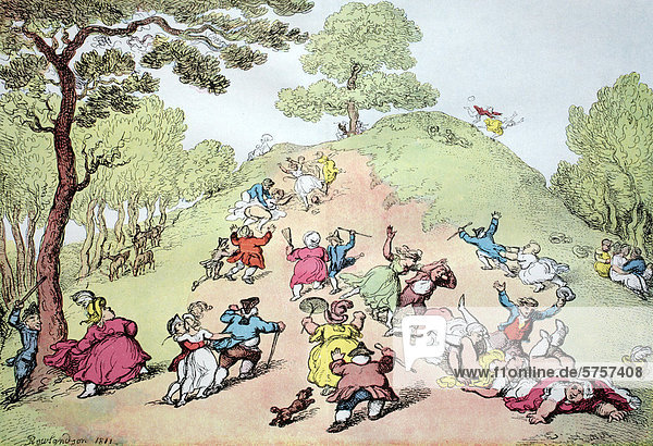 Boisterous party  amusement of the people on a hill in Greenwich Park  London  England  copper engraving by Thomas Rowlandson  1811