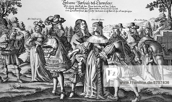 Satirical depiction of mutual courtship  Frankfurt copper engraving by Abraham Aubry  17th century
