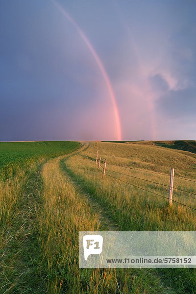 Rucktrail und Weideflächen und Ackerland mit Regenbogen in der Nähe von Leader  Saskatchewan  Kanada.