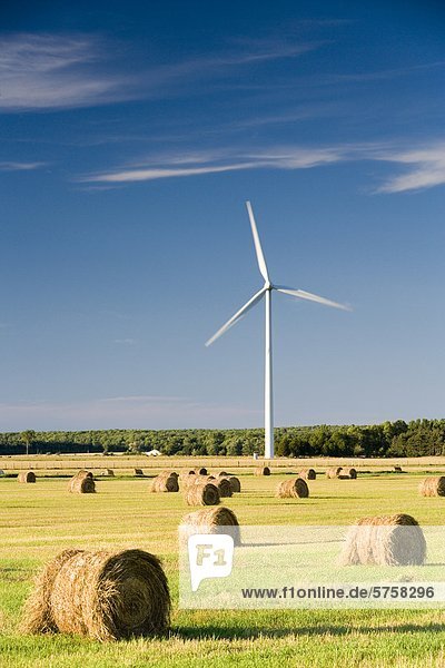 Wind turbine in meadow with hay bales  near town of Ferndale  Bruce Peninsula  Ontario  Canada.